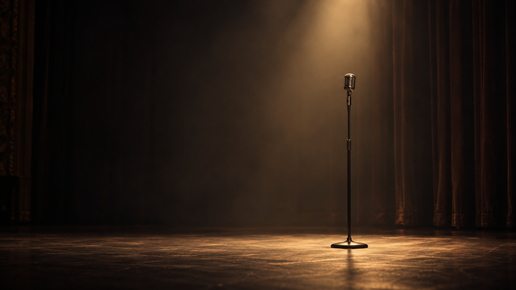 A single standing microphone on an empty stage under a warm spotlight